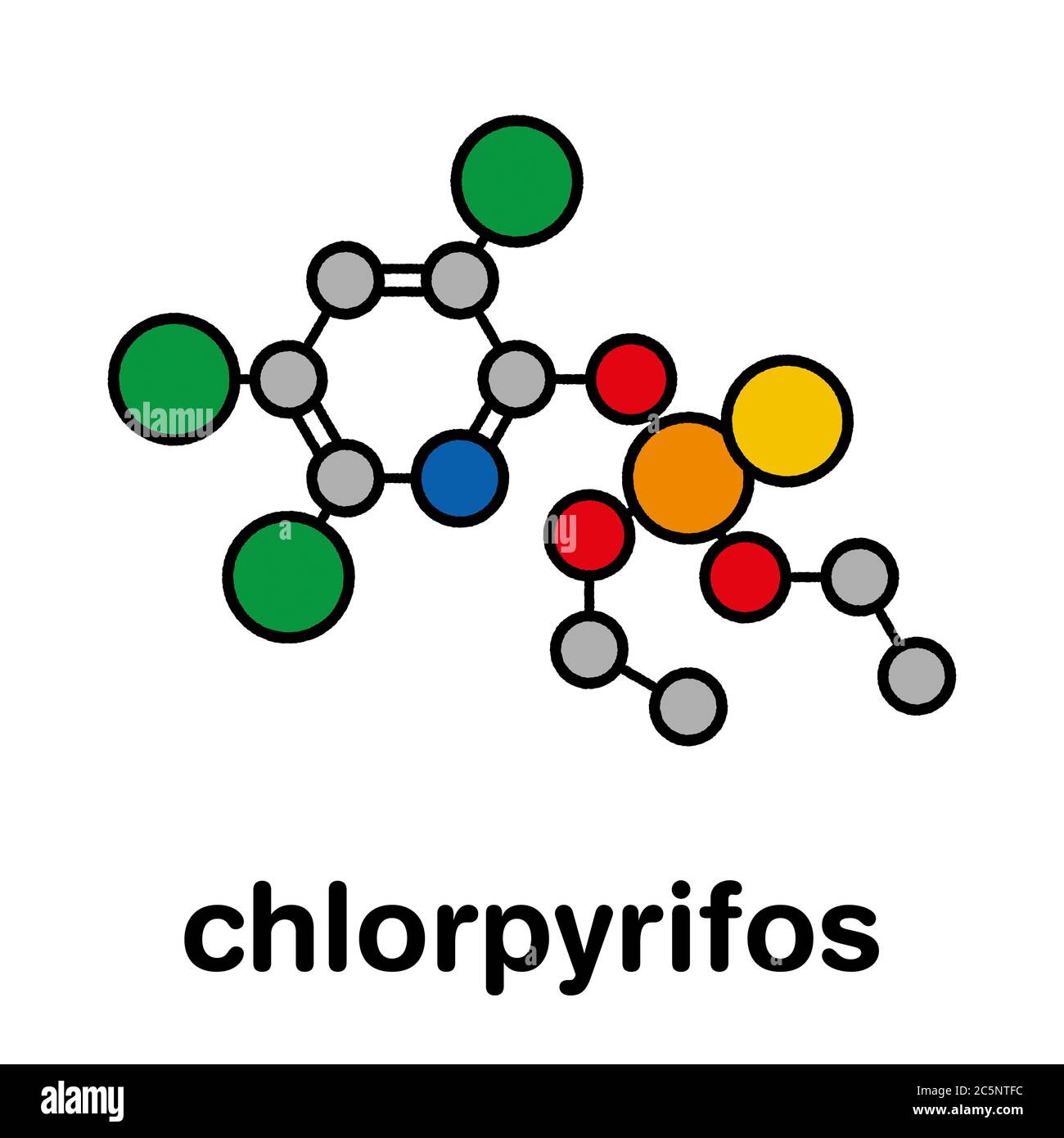 Molécule de pesticide chlorpyrifos organophosphoré. Toxique et cancérogène. Principalement utilisé dans l'agriculture. Formule squelettique stylisée (structure chimique) : les atomes sont représentés par des cercles de couleur : hydrogène (caché), carbone (gris), azote (bleu), oxygène (rouge), soufre (jaune), phosphore (orange), chlore (vert). Banque D'Images