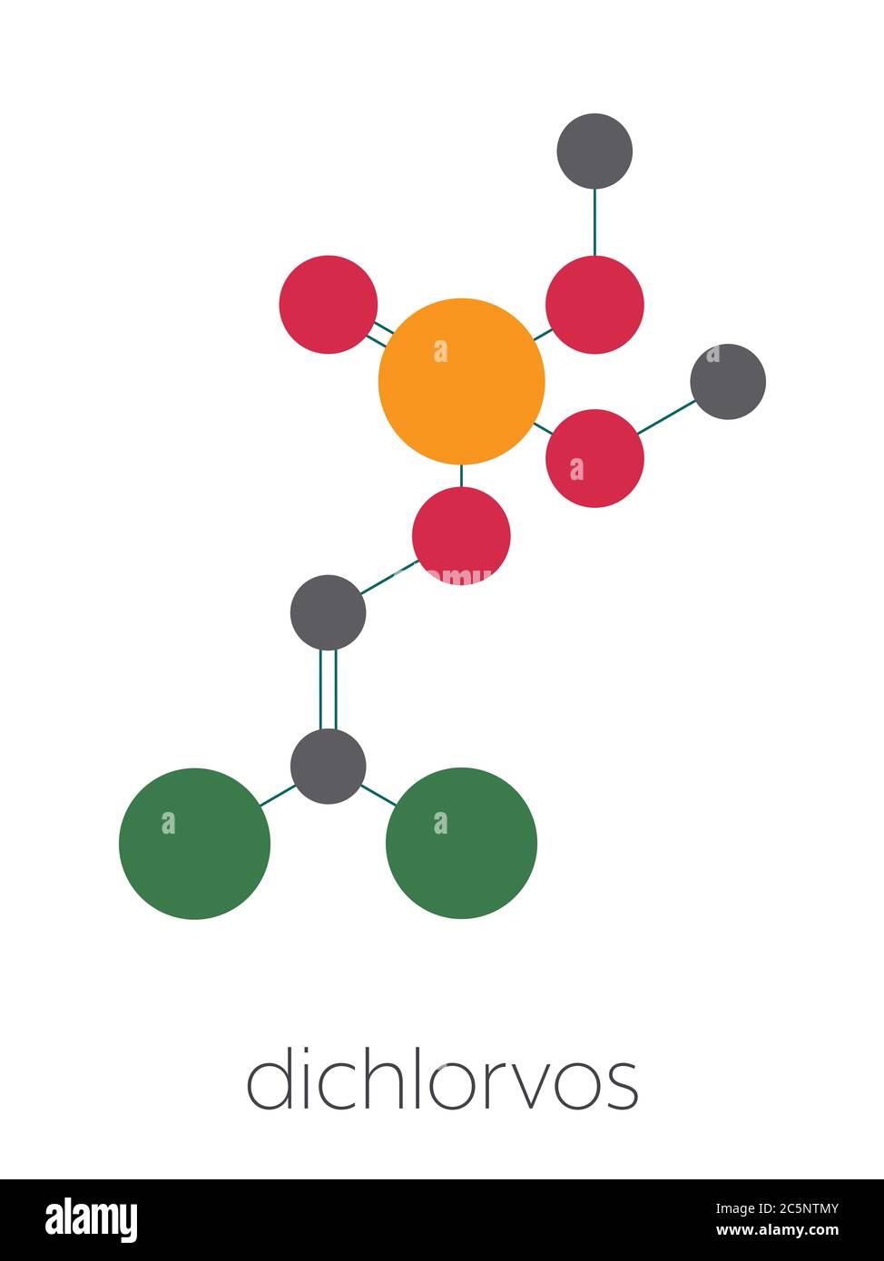 Dichlorvos organophosphate molécule d'insecticide. Pesticide neurotoxique qui bloque l'enzyme acétylcholinestérase. Formule squelettique stylisée (structure chimique) : les atomes sont représentés par des cercles de couleur : hydrogène (caché), carbone (gris), azote (bleu), oxygène (rouge), phosphore (orange). Banque D'Images