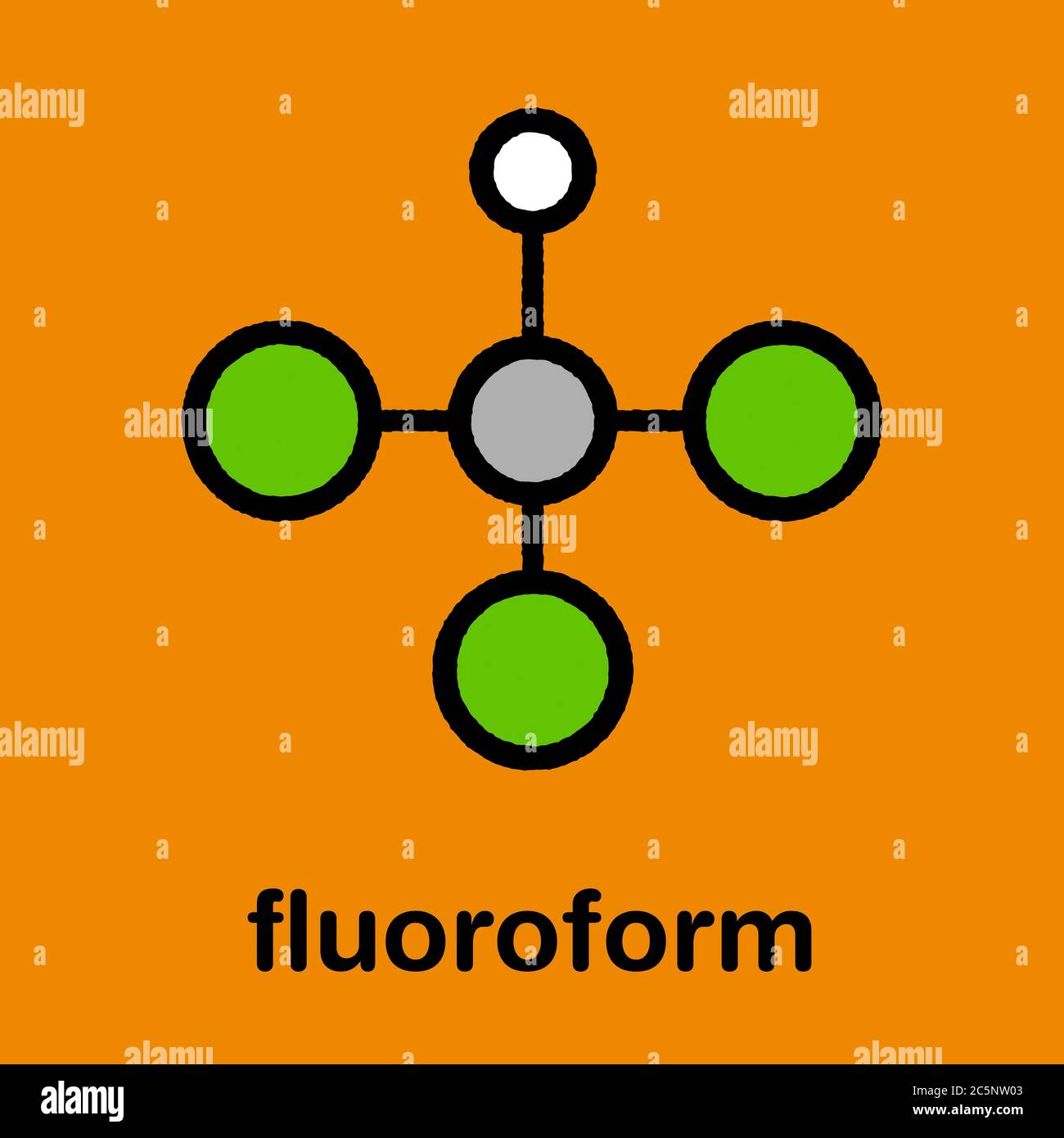 Molécule de gaz à effet de serre fluoroforme. Formule squelettique stylisée (structure chimique) : les atomes sont représentés par des cercles de couleur : hydrogène (blanc), carbone (gris), fluor (cyan). Banque D'Images