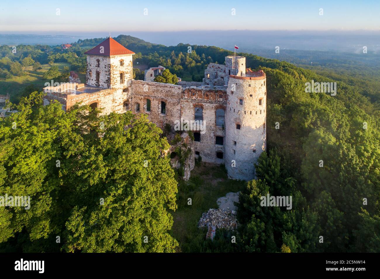 Ruines du château médiéval de Tenczyn à Rudno, près de Cracovie, en Pologne. Vue aérienne en été, au lever du soleil Banque D'Images