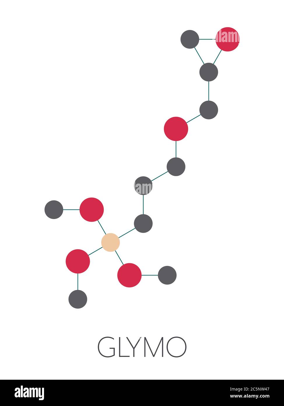 Molécule d'organosilane GLYMO ou GPTMS. Formule squelettique stylisée (structure chimique) : les atomes sont représentés par des cercles de couleur : hydrogène (caché), carbone (gris), silicium (beige), oxygène (rouge). Banque D'Images