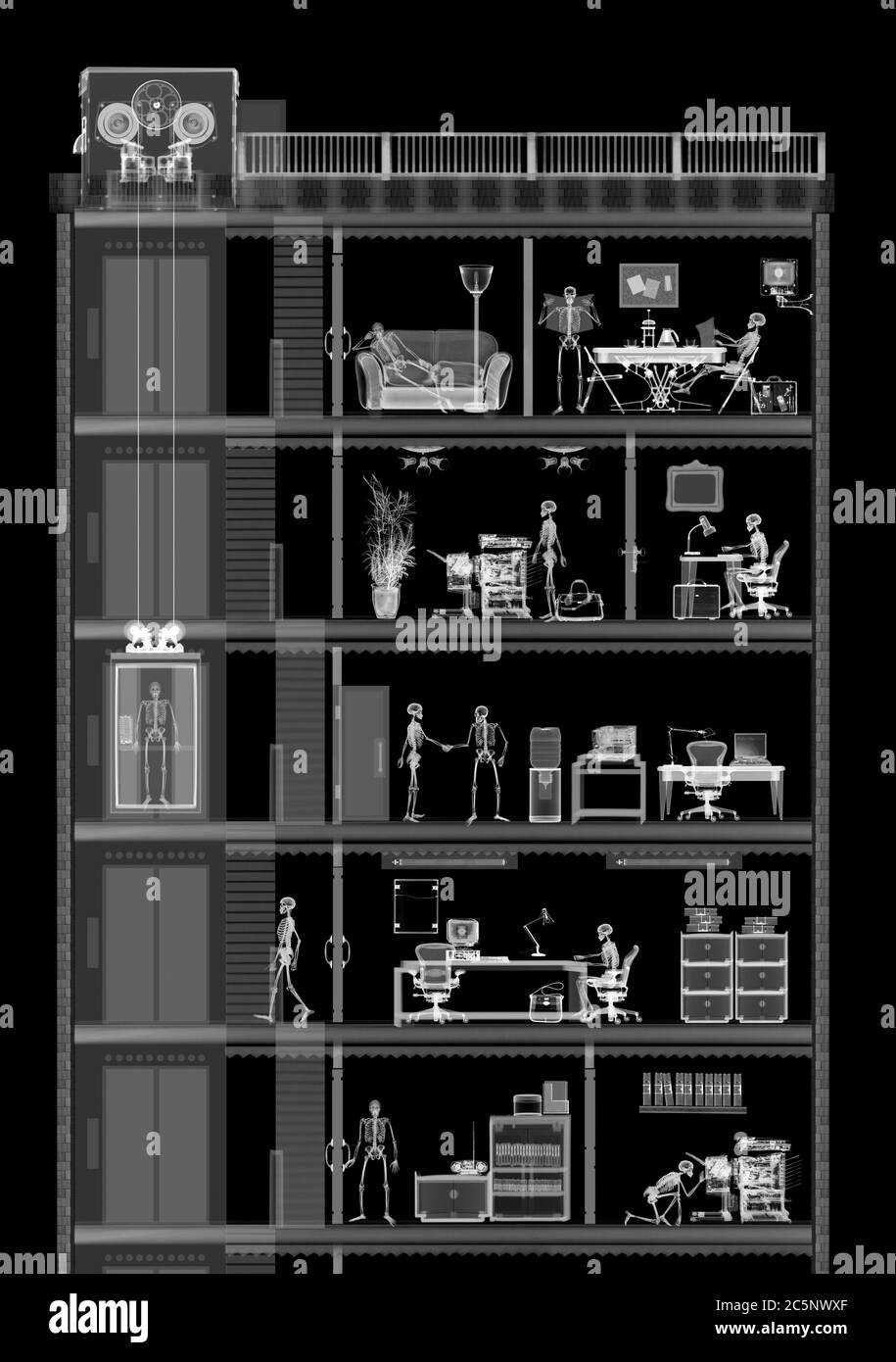 Vue interne des niveaux de blocs de bureau, rayons X. Banque D'Images