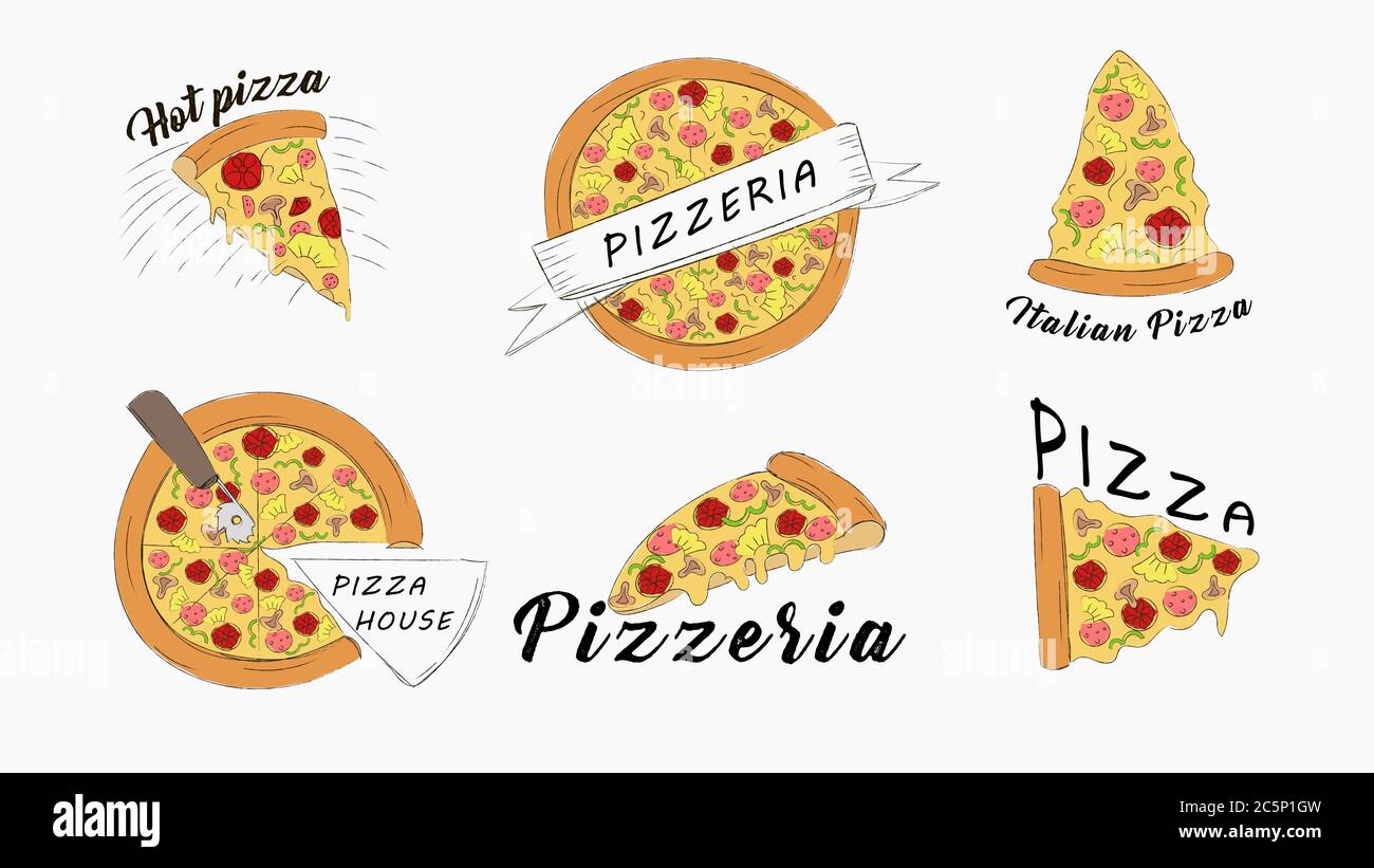 Ensemble de bandeaux pour les icônes des tranches de pizza. Fast-food italien chaud, tranches de pepperoni juteuses avec mozzarella. Illustration de Vecteur