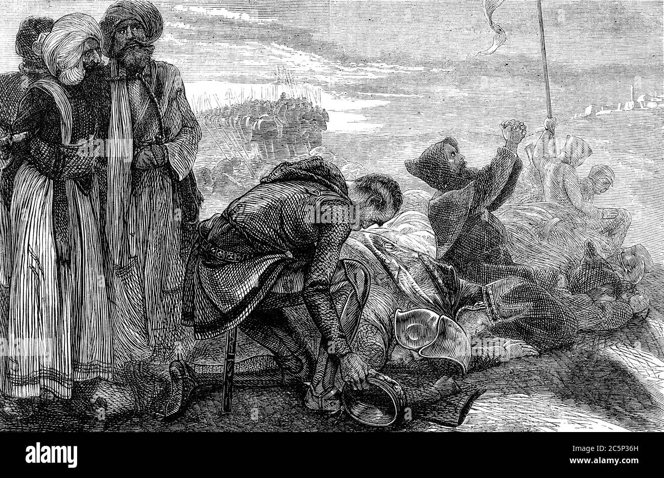 Une image gravée d'illustration des croisés adorant après y avoir reçu la première vue de Jérusalem en Terre Sainte d'un livre victorien daté de 18 Banque D'Images