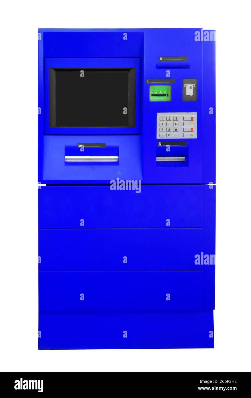 Distributeur automatique de billets bleu isolé sur blanc. Masque inclus. Banque D'Images