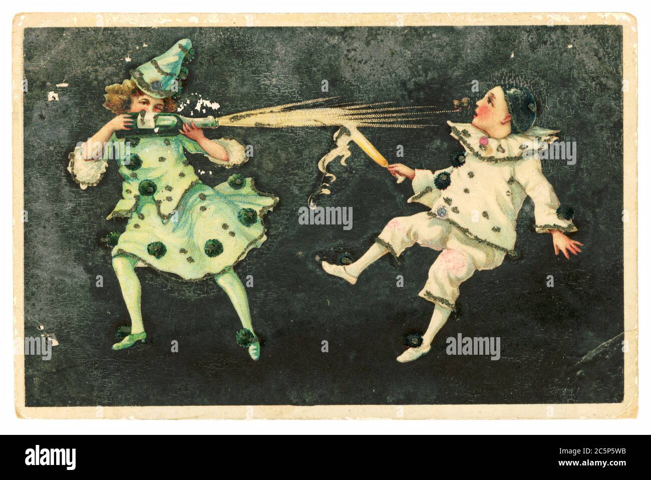 RUSSIE - VERS 1909: Carte postale de Noël vintage avec des bords altérés sur fond blanc imprimé en 1909, vraisemblablement à Varsovie. Commedia dell'arte Cha Banque D'Images