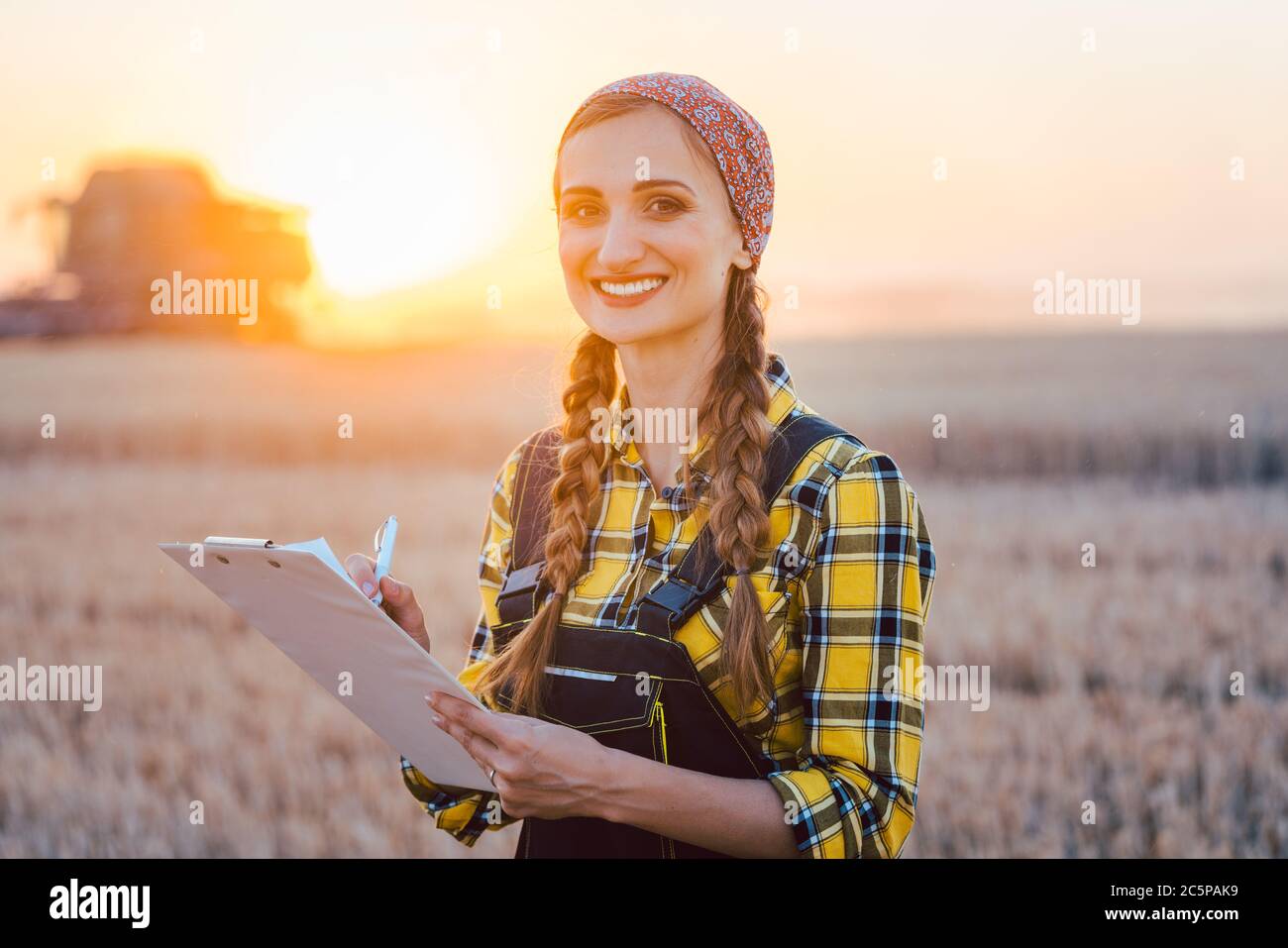 Femme d'agriculteurs et de moissonneuse-batteuse, sur champ de blé Banque D'Images Femme d'agriculteurs et de moissonneuse-batteuse, sur champ de blé Banque D'Images