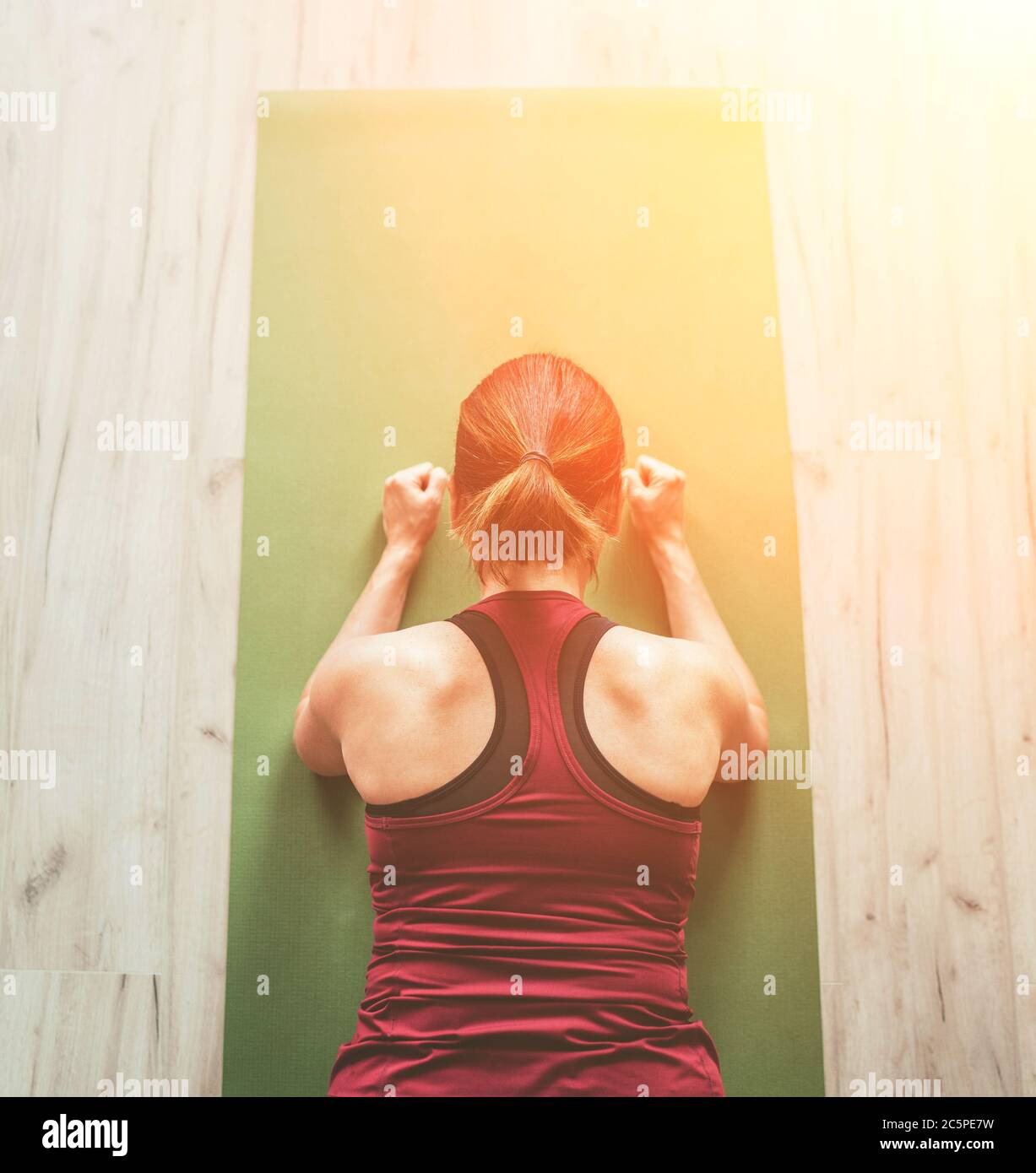 Posez une femme sportive en bonne santé sur un tapis en planche basse posture de yoga Chaturanga Dandasana, faisant des exercices de respiration, regardant les cours de yoga en ligne sur ordinateur portable. Banque D'Images