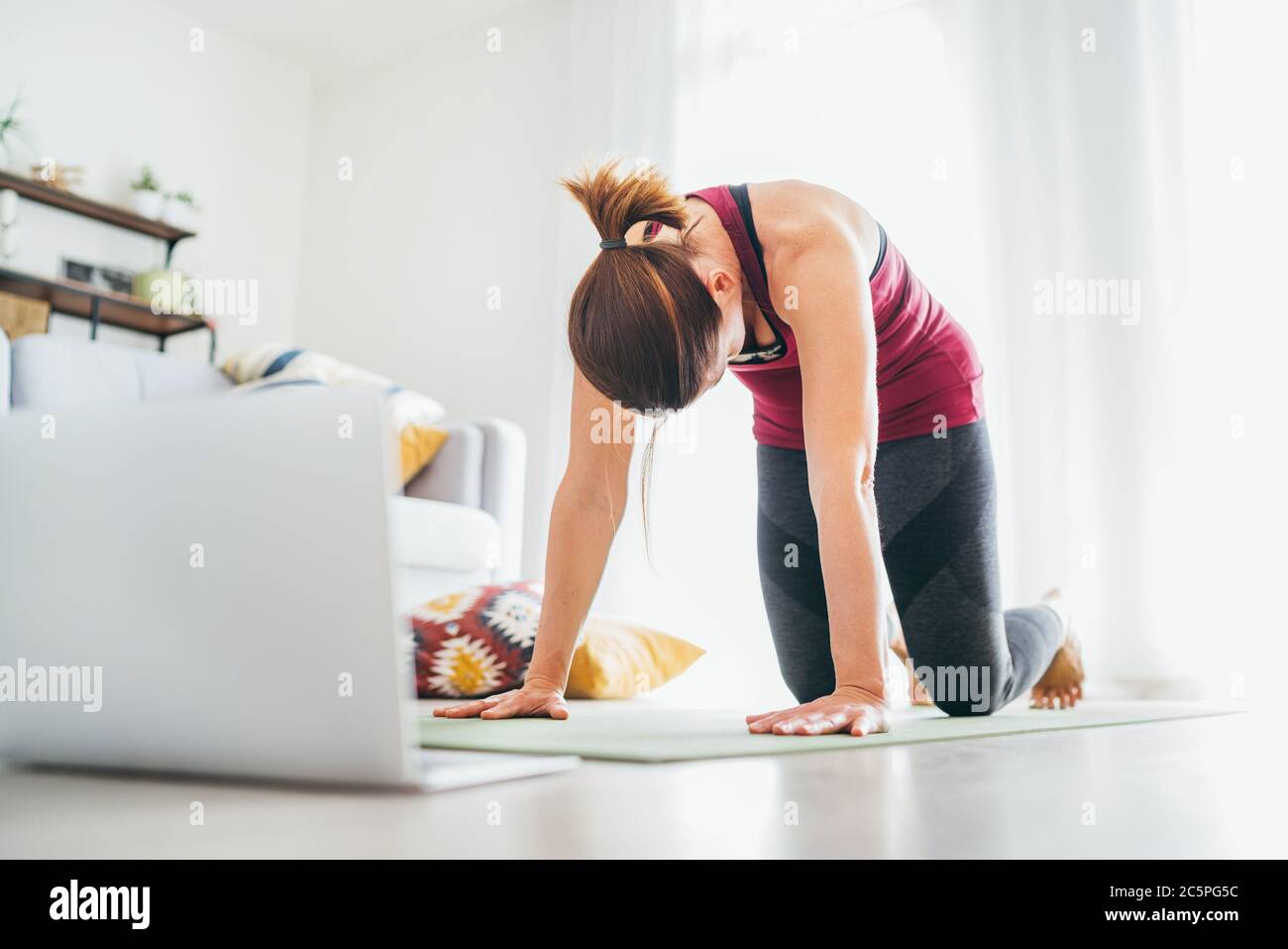 Posez une femme sportive en bonne santé sur un tapis dans la posture du Macaryasana de Cat, en faisant des exercices de respiration, en regardant des cours de yoga en ligne sur un ordinateur portable. Des gens en bonne santé et Banque D'Images