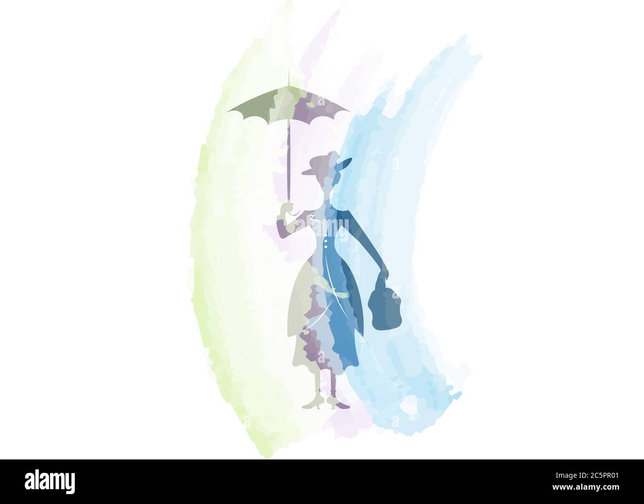 Silhouette fille flotte avec parapluie dans sa main, aquarelle , style Mary Poppins, vecteur isolé Illustration de Vecteur