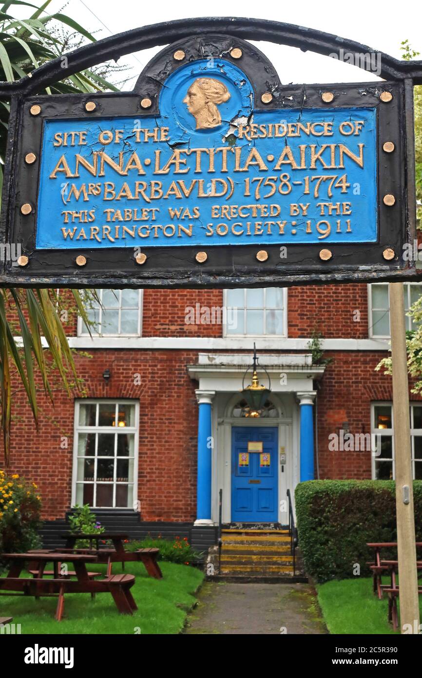 Site de la résidence d'Anna Laetitla Aikin, Mme barbauld, 1758,1774, tablette érigée Par la Warrington Society,1911 Banque D'Images
