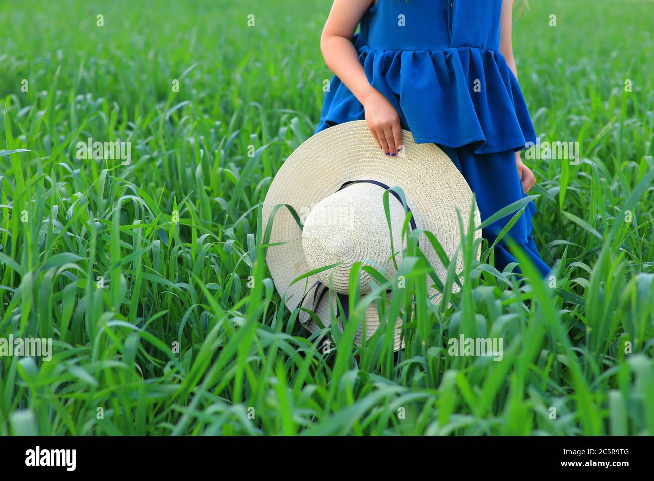 Belle petite fille court dans le champ d'été Banque D'Images