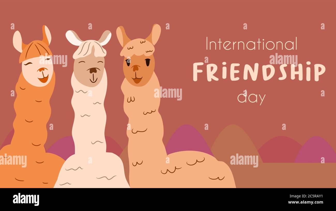Adorables lamas de 3 amis souriant et riant pour la journée internationale de l'amitié ou la fête mondiale de l'amitié. Dessin animé d'illustration vectorielle Illustration de Vecteur