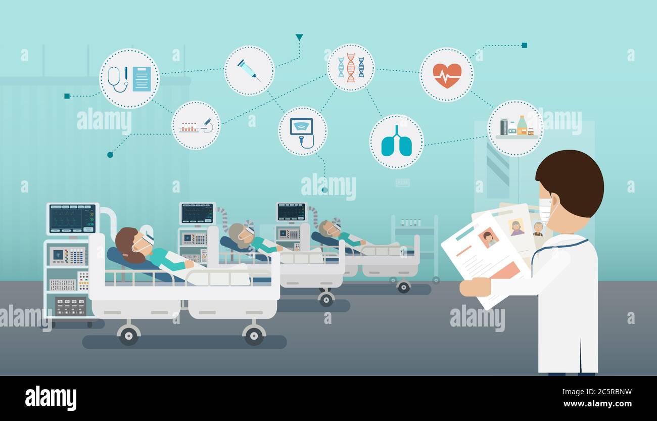 Concept de service médical avec icônes médicales et groupe de patients avec ventilateurs illustration vectorielle plate Illustration de Vecteur