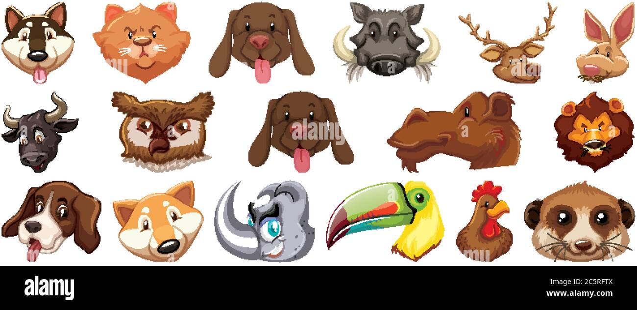 Ensemble de différents animaux de dessin animé mignon tête énorme isolé sur fond blanc illustration Illustration de Vecteur