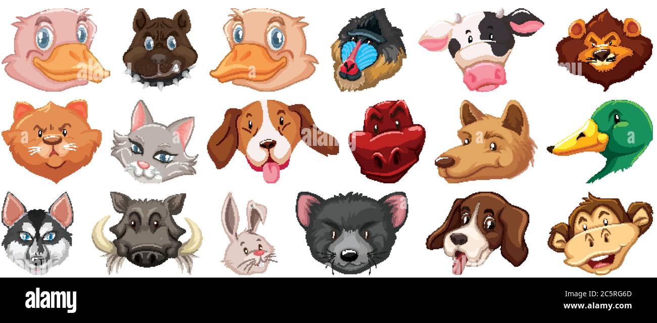 Ensemble de différents animaux de dessin animé mignon tête énorme isolé sur fond blanc illustration Illustration de Vecteur