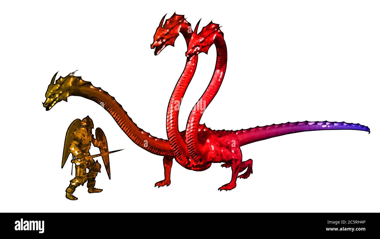 Illustration d'un chevalier combattant avec un dragon Banque D'Images