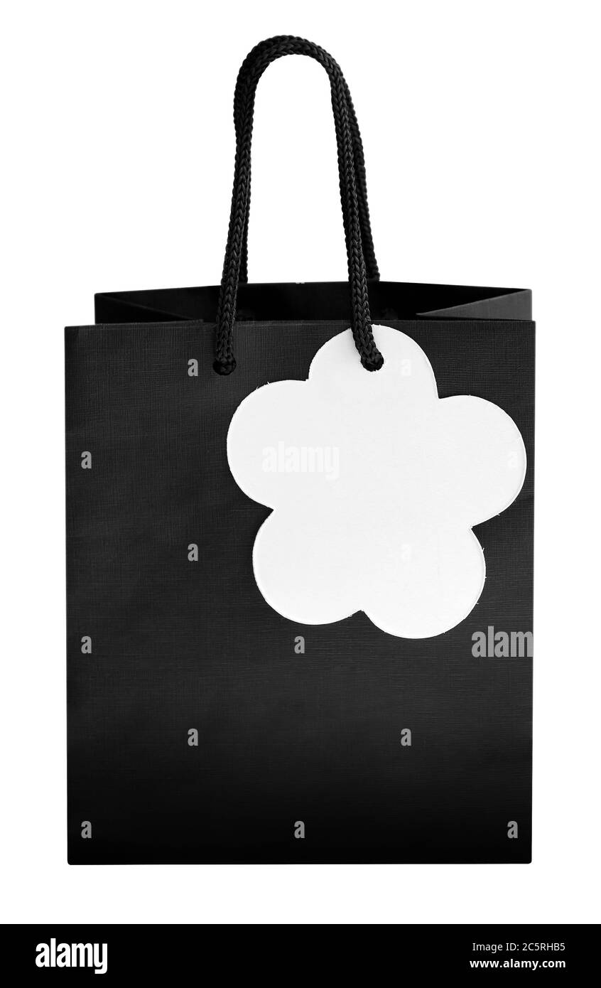 Sac en papier noir isolé sur fond blanc. Masque inclus. Banque D'Images