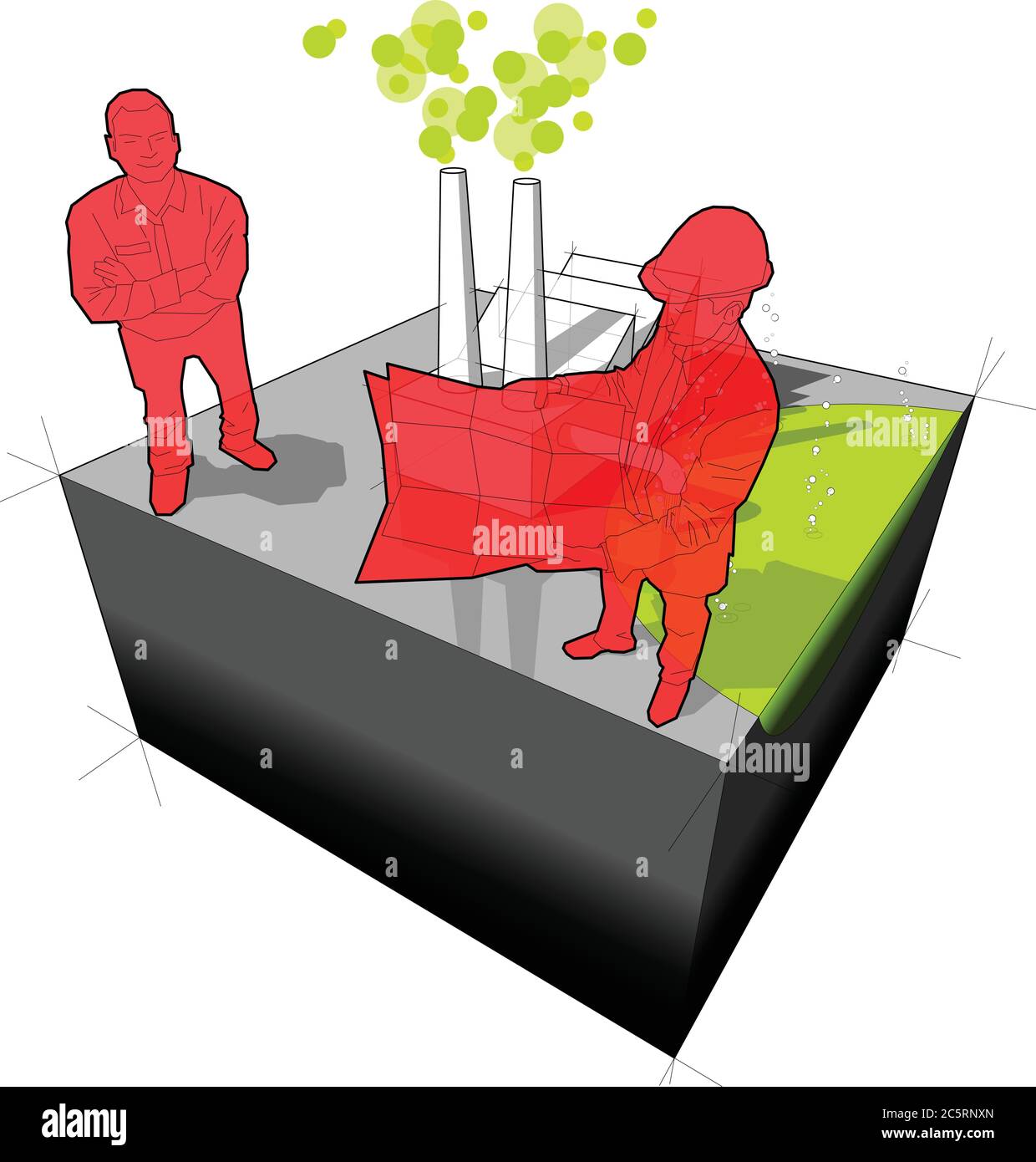 Bâtiment industriel ou usine polluant l'air et l'eau de ses cheminées et égouts avec un architecte et un homme souriant heureux debout devant lui Illustration de Vecteur