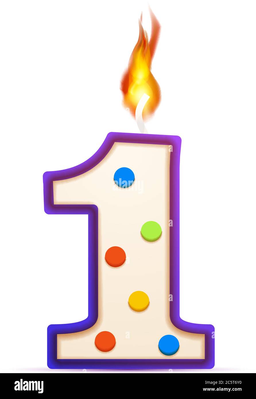 Un anniversaire de l'année, 1 bougie d'anniversaire en forme de nombre avec  feu sur blanc Image Vectorielle Stock - Alamy