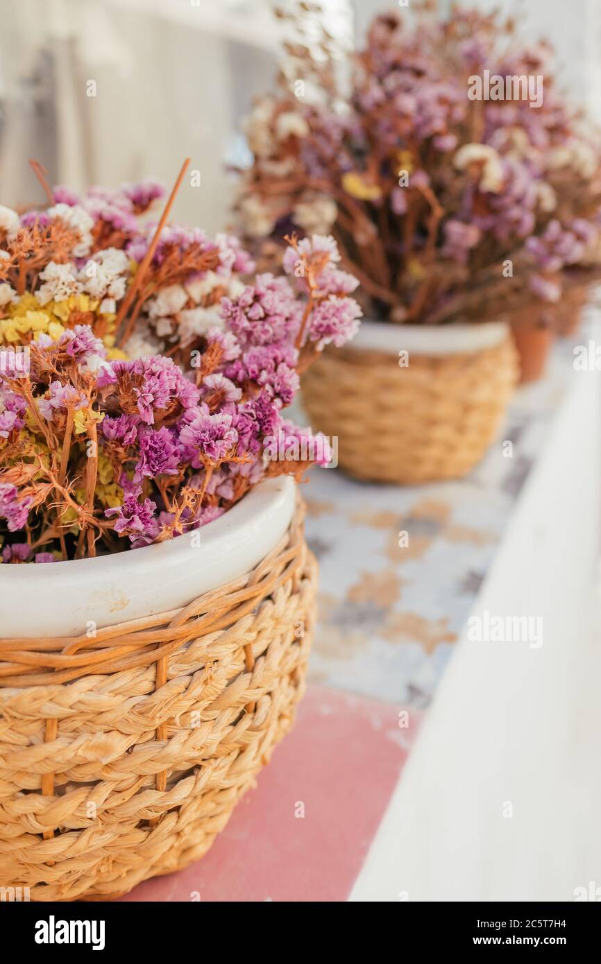 Gros plan d'un bouquet de fleurs séchées dans un vase en céramique d'époque Banque D'Images