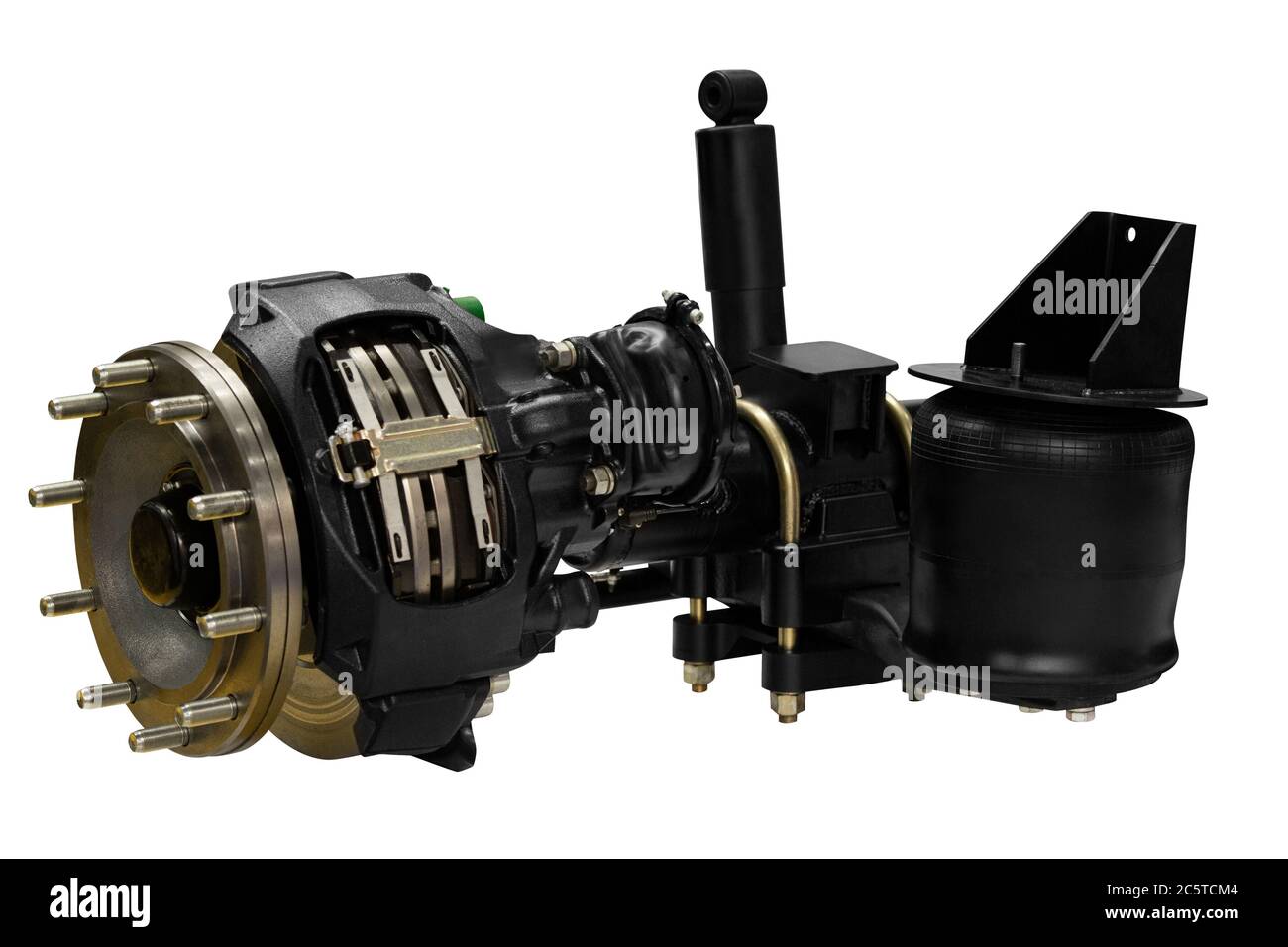 Moyeu de roue de chariot avec frein et suspension pneumatique. Isolé sur fond blanc Banque D'Images