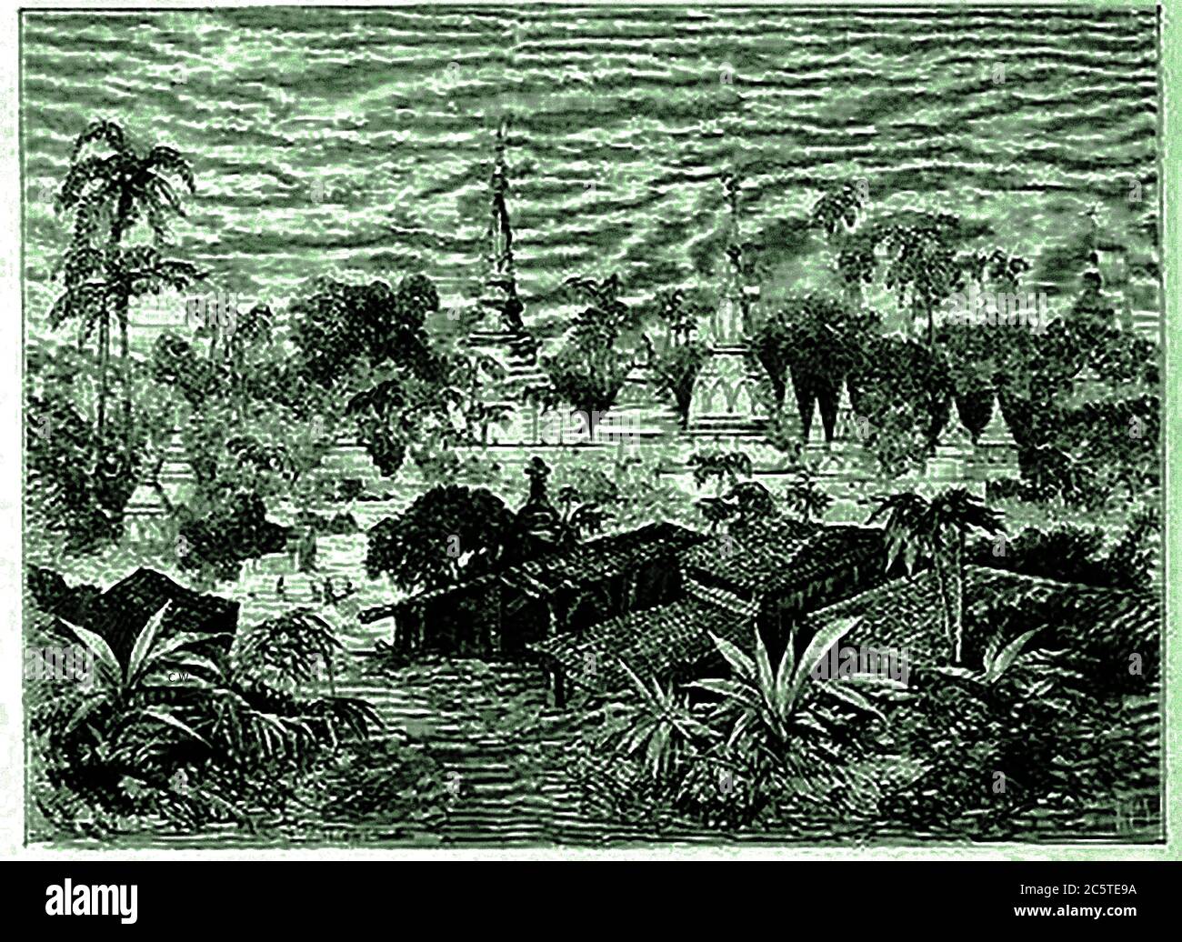 Une illustration de 1880 de la 'Illustrated Missionary News'. Le magazine a été publié sous le titre The Pictorial Missionnary News édité par Henry Grattan Guinness (1835 - 1910) qui était un irlandais protestant chrétien prédicateur, évangéliste et auteur (et d'autres). Cette photo montre une vue de 1880 pagodes dans le Pegu, Birmanie, (maintenant Bago, Myanmar). Le nom le plus ancien de Bago était Hanthawaddy. La ville est la capitale portuaire de la région de Bago au Myanmar Banque D'Images