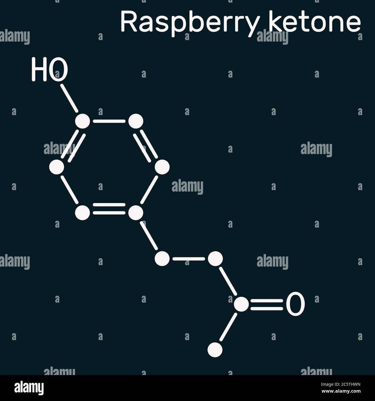 Cétone de framboise, frabinone, rhéosmine , molécule C10H12O2. Il s'agit d'un composé phénolique naturel et d'un additif alimentaire. Formule chimique squelettique sur le noir b Banque D'Images