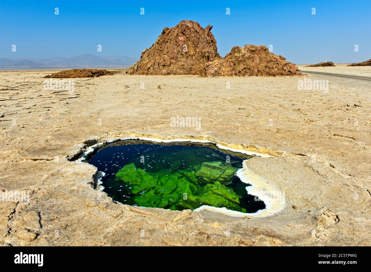 Trou d'eau avec cristaux de sel floqués dans la croûte de sel du lac Assale ou du lac Karum, zone géothermique de Dallol, dépression de Danakil Éthiopie Banque D'Images
