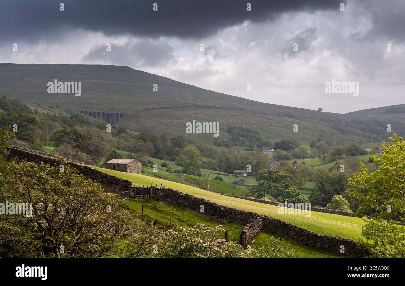 Des maisons et des granges traditionnelles en pierre se trouvent dans les champs de la vallée de Dentdale sous le viaduc d'Arten Gill sur la ligne de chemin de fer Settle-Carlisle et la colline de Wold Fell Banque D'Images