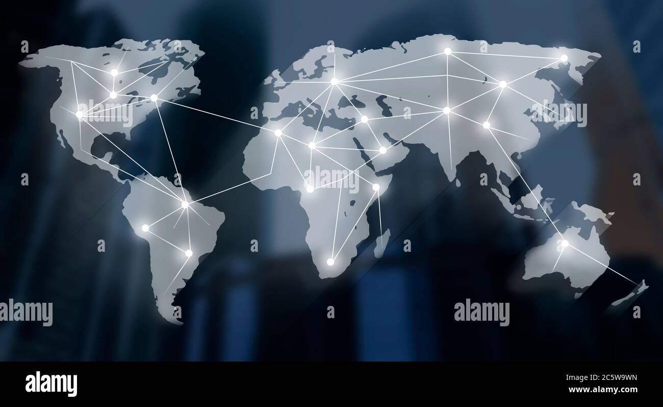 Carte du monde avec réseau de communication international, collage avec des bâtiments de mégapole flous en arrière-plan Banque D'Images