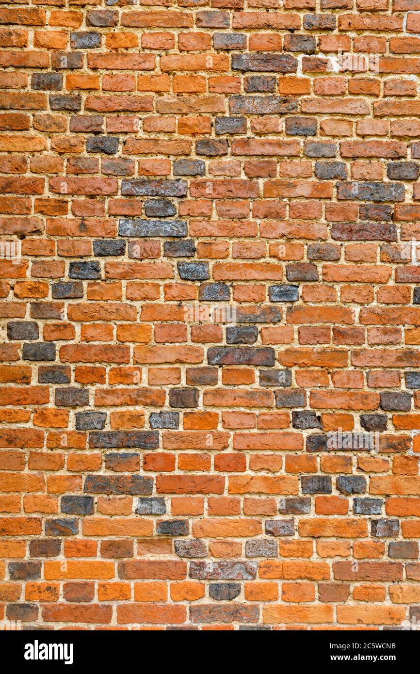 Tudor en ruines a imprimé briques rouges avec un motif de briques plus foncé diamant sur un mur, Hampshire, Angleterre Banque D'Images