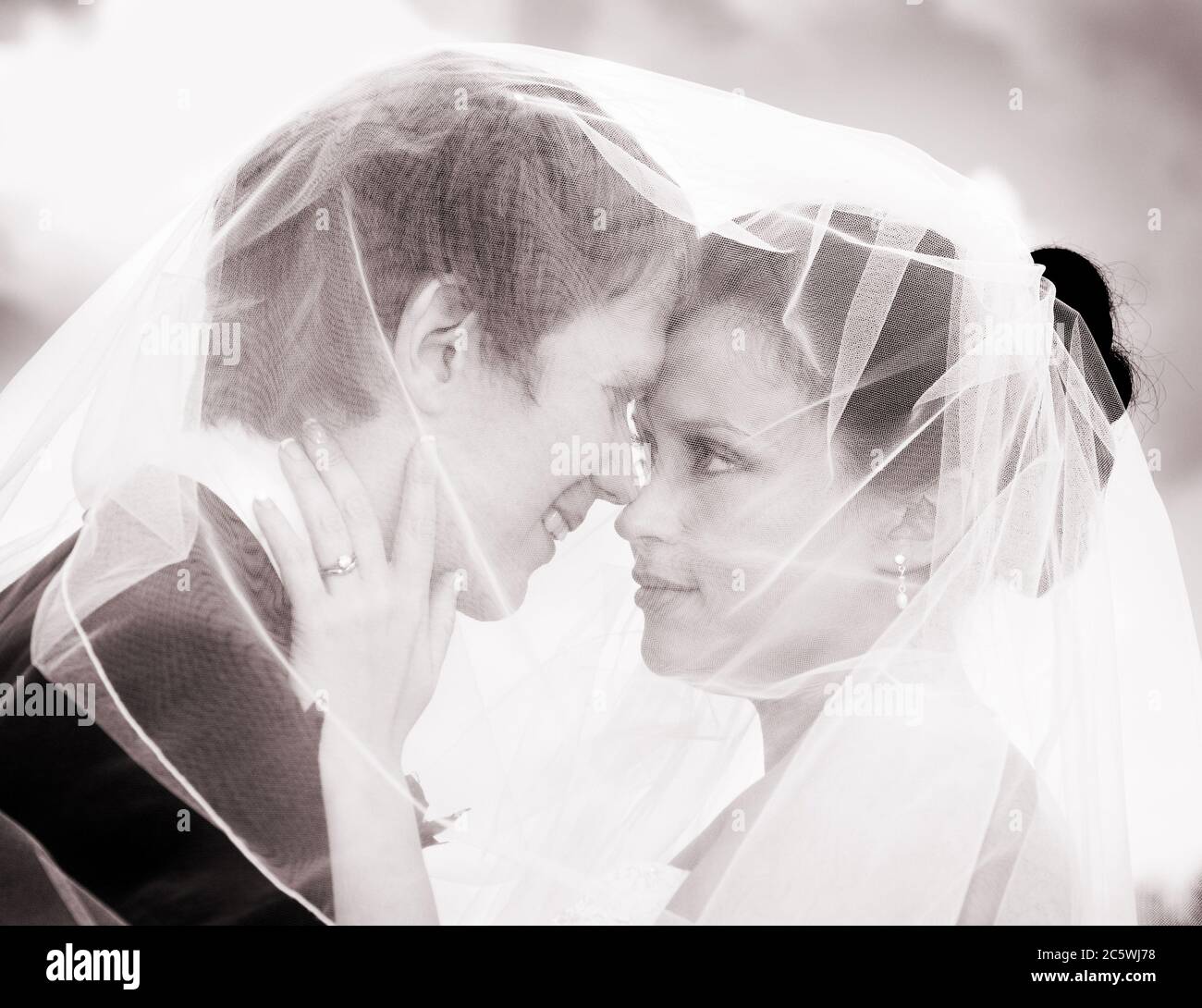 Jeune couple romantique, années 20, mariée et marié souriants sous un voile  le jour de leur mariage Photo Stock - Alamy