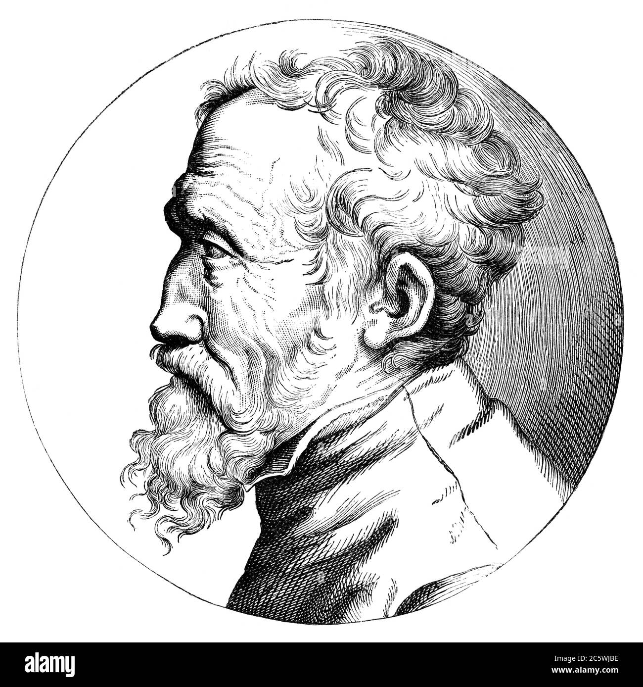 Un dessin d'illustration gravé de Michel-Ange, artiste, peintre, sculpteur, plus connu pour les peintures au plafond de la Chapelle Sixtine au Vatican, Banque D'Images