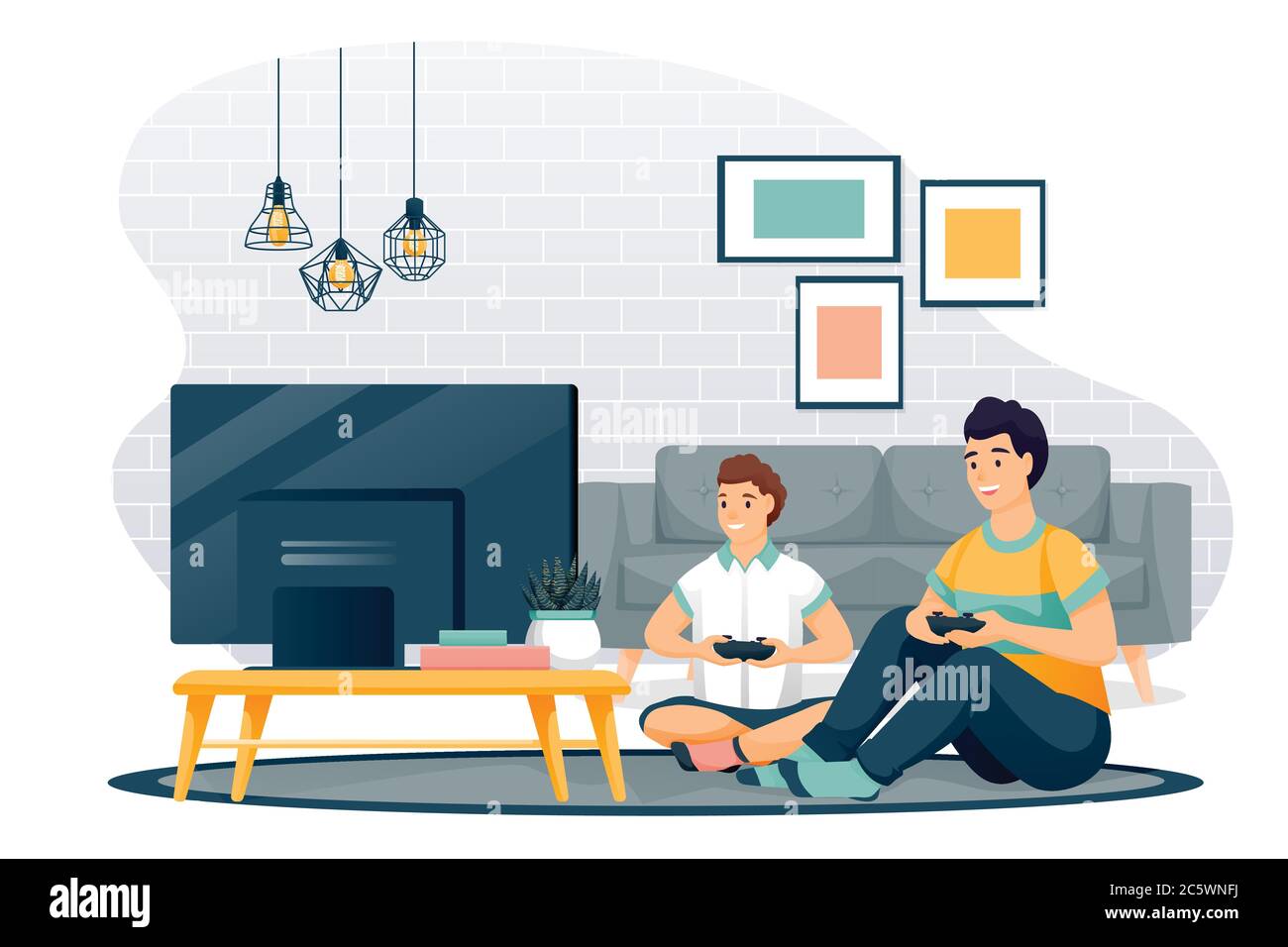 Un père et un fils heureux jouent dans un jeu vidéo. Papa et petit garçon avec des gamepads s'assoient sur le sol dans le salon, devant la télévision. Illustration des caractères vectoriels. Illustration de Vecteur