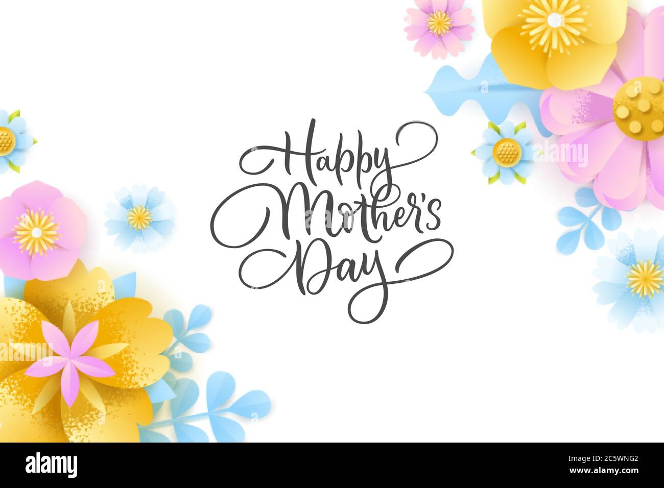 Carte de vœux Happy Mothers Day avec couches de papier fleurs artisanales et lettres calligraphiques dessinées à la main. Bannière des fêtes du printemps, modèle d'affiche. V Illustration de Vecteur