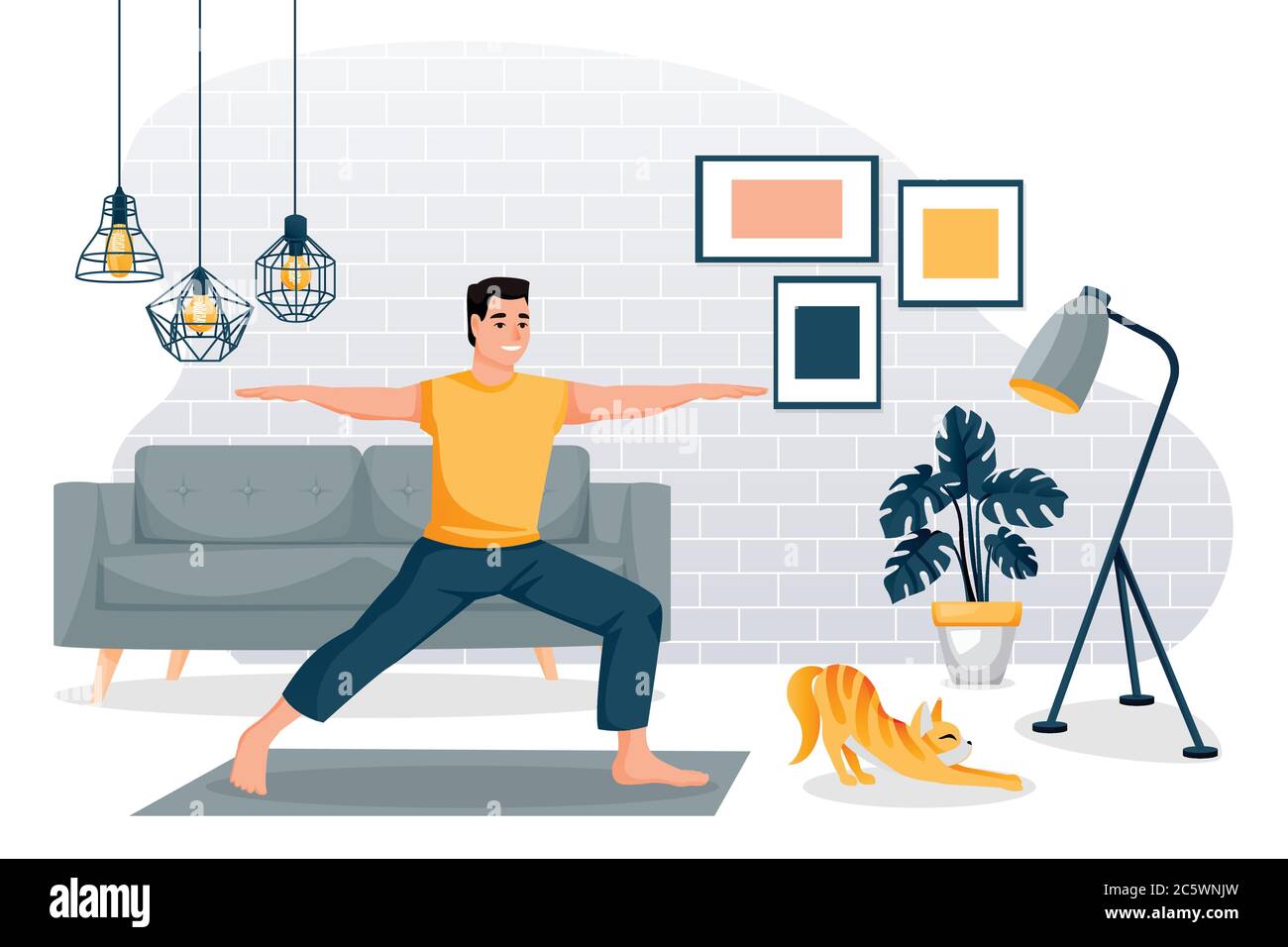 Guy se tient dans un guerrier pose virabhadrasana. Pratique d'exercice de yoga à domicile. Homme et chat rouge mignon entraînement dans la chambre moderne loft. Illustration des caractères vectoriels Illustration de Vecteur