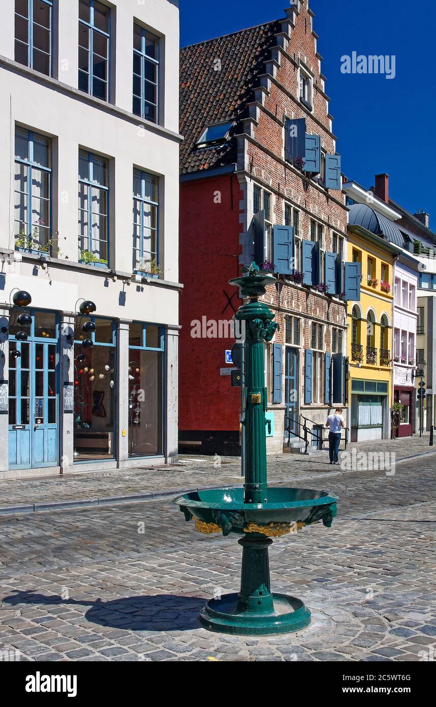 Scène de rue, pavés, bâtiments variés, une architecture flamande, paysage urbain, fontaine verte, Flandre; Europe; Gand, Belgique Banque D'Images