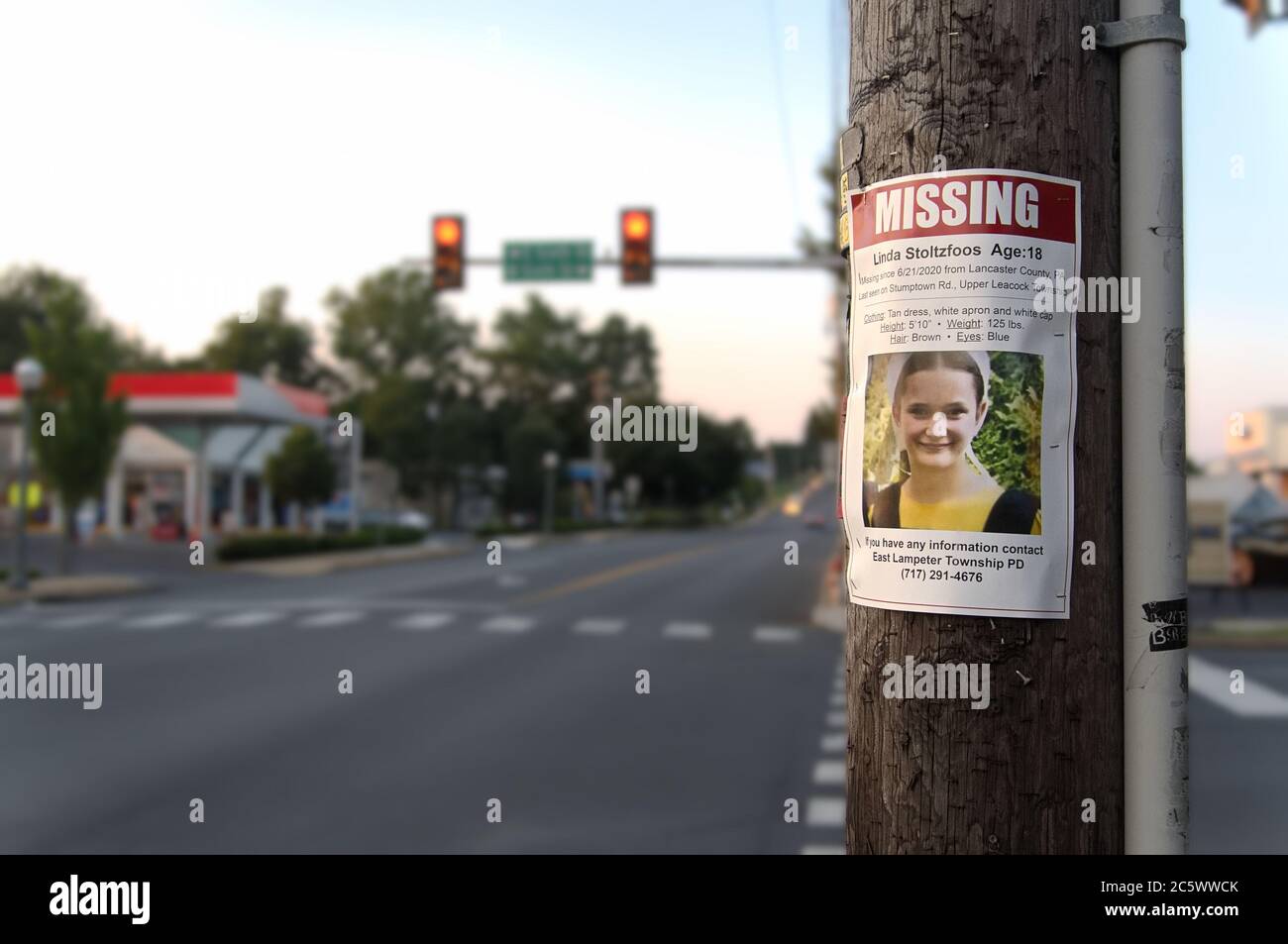 Signe manquant sur un poteau téléphonique pour l'adolescent Amish disparu Linda Stoltfoos, à Lititz, Pennsylvanie Banque D'Images