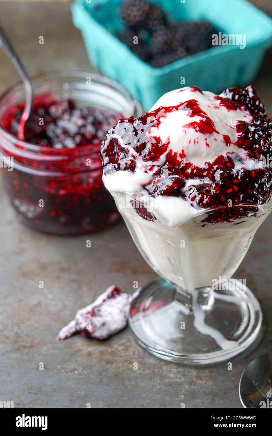 Glace à la vanille et sauce aux framboises Banque D'Images