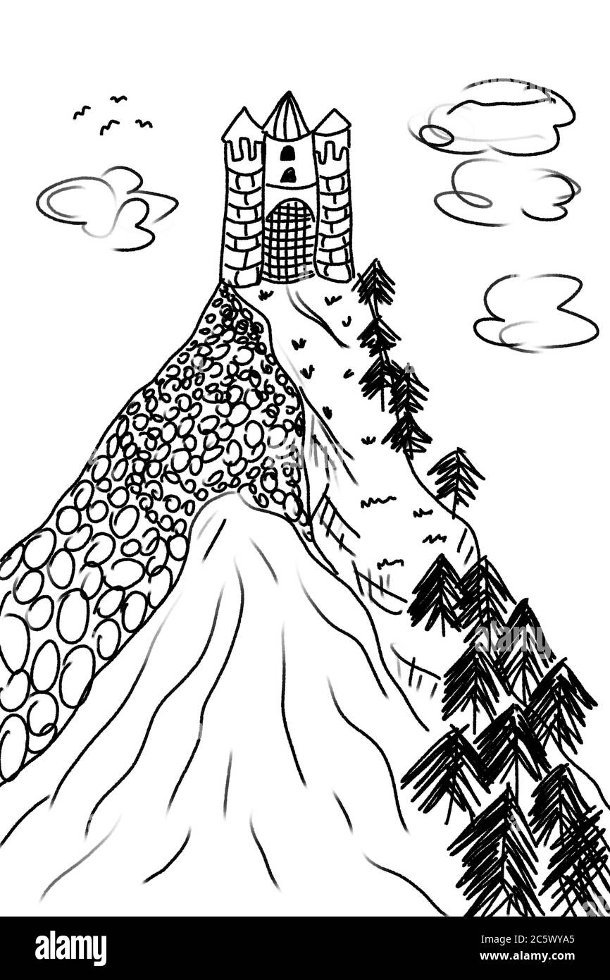 Esquisse simple d'un château sur une colline élevée Banque D'Images