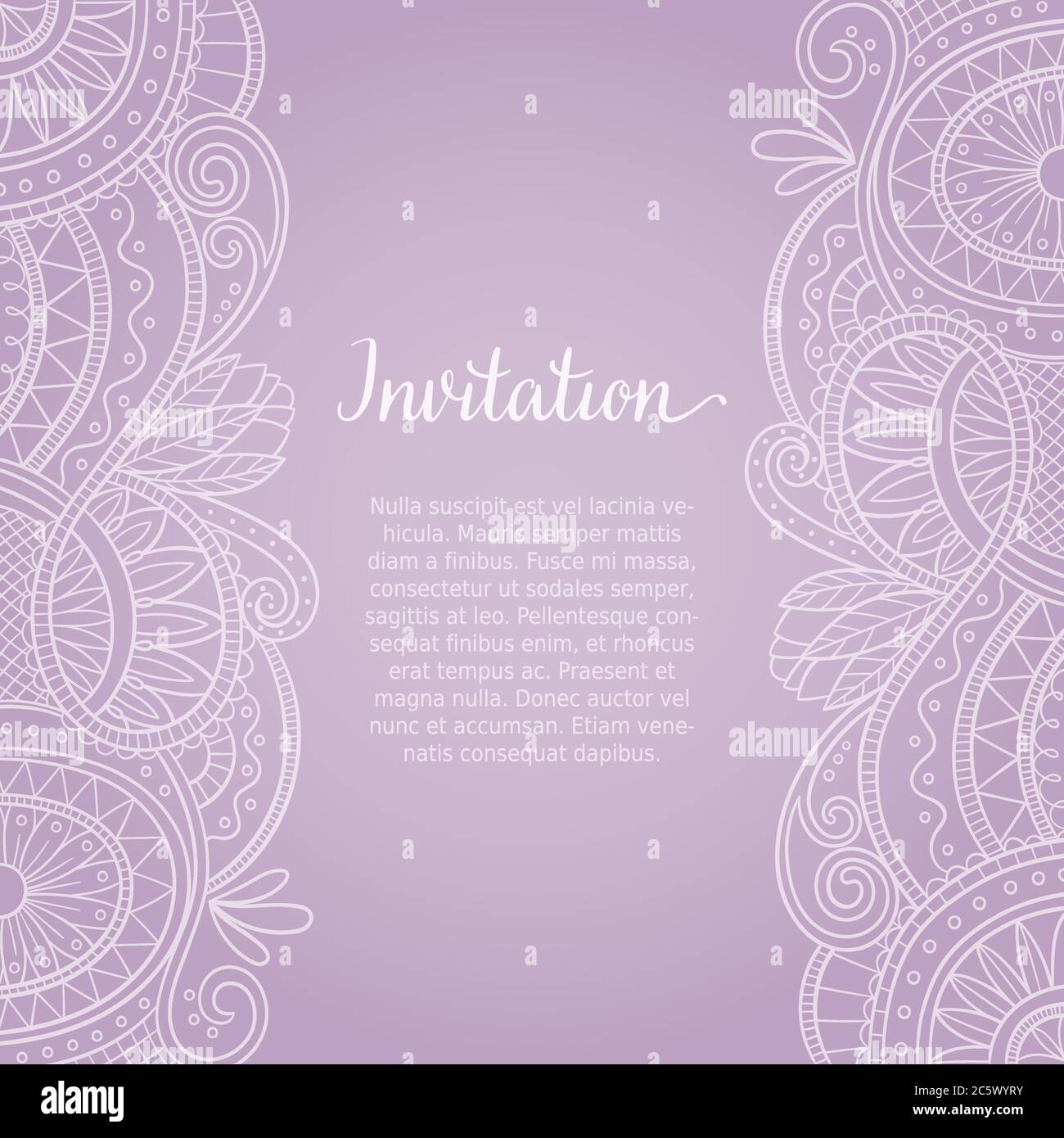 Modèle de carte dessiné à la main avec bordure en dentelle et fond violet. Format carré. Style boho, parfait pour les cartes de vœux, les mariages Illustration de Vecteur