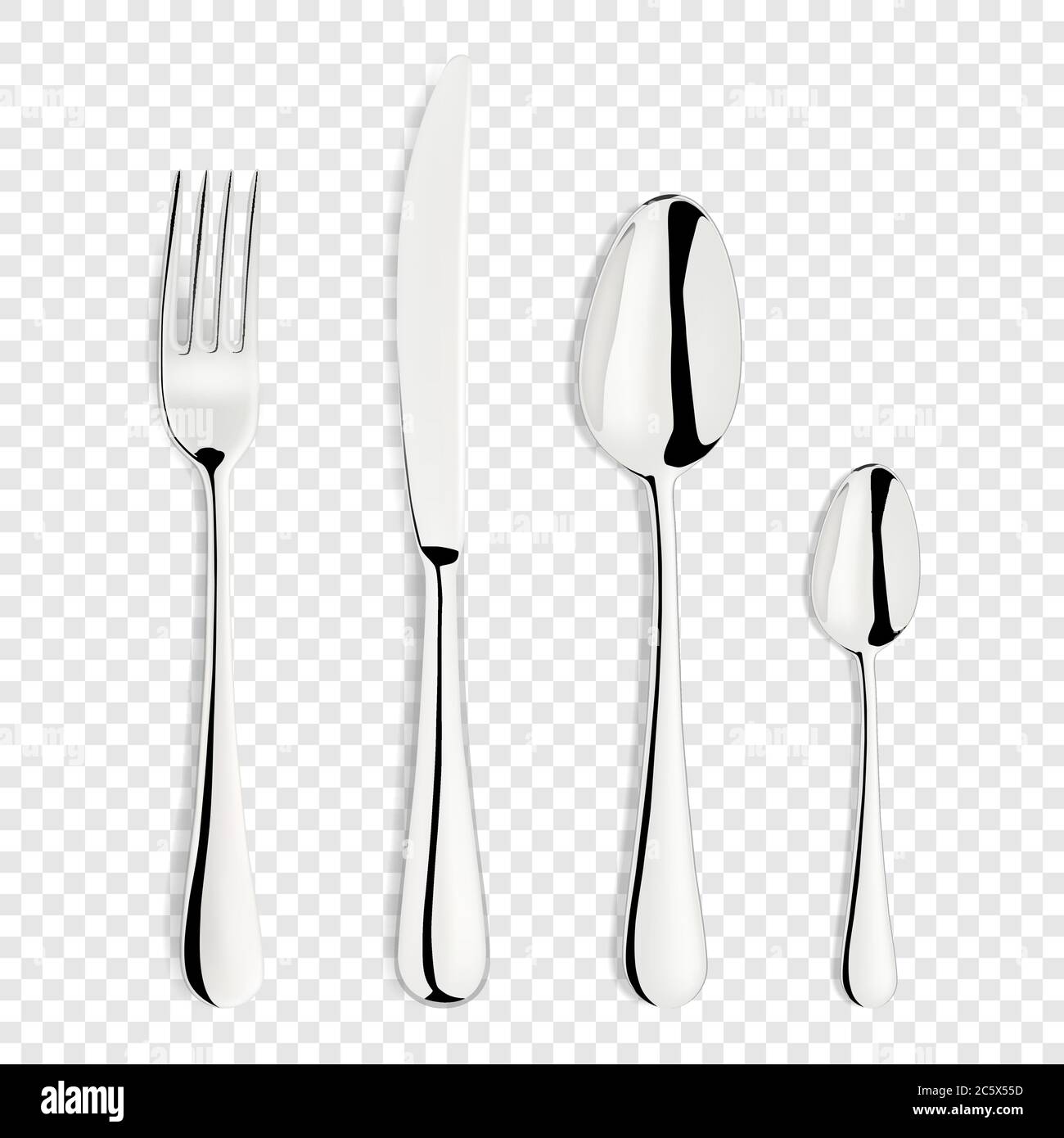 Vector 3d Realistic Metal, Silver, Inox, Steel Fork, Spoon, Knife Icon Set isolé sur fond transparent. Modèle de coutellerie pour desserts Illustration de Vecteur