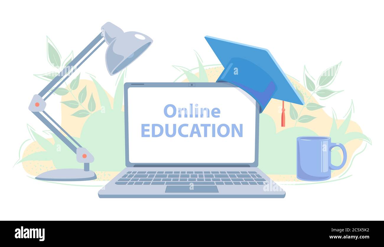 Concept de l'enseignement à distance. Bannière e-learning avec espace de copie. Illustration du vecteur plat de l'étude en ligne. École à la maison. Technologie de communication moderne. Cours universitaire sur fond blanc. Illustration de Vecteur