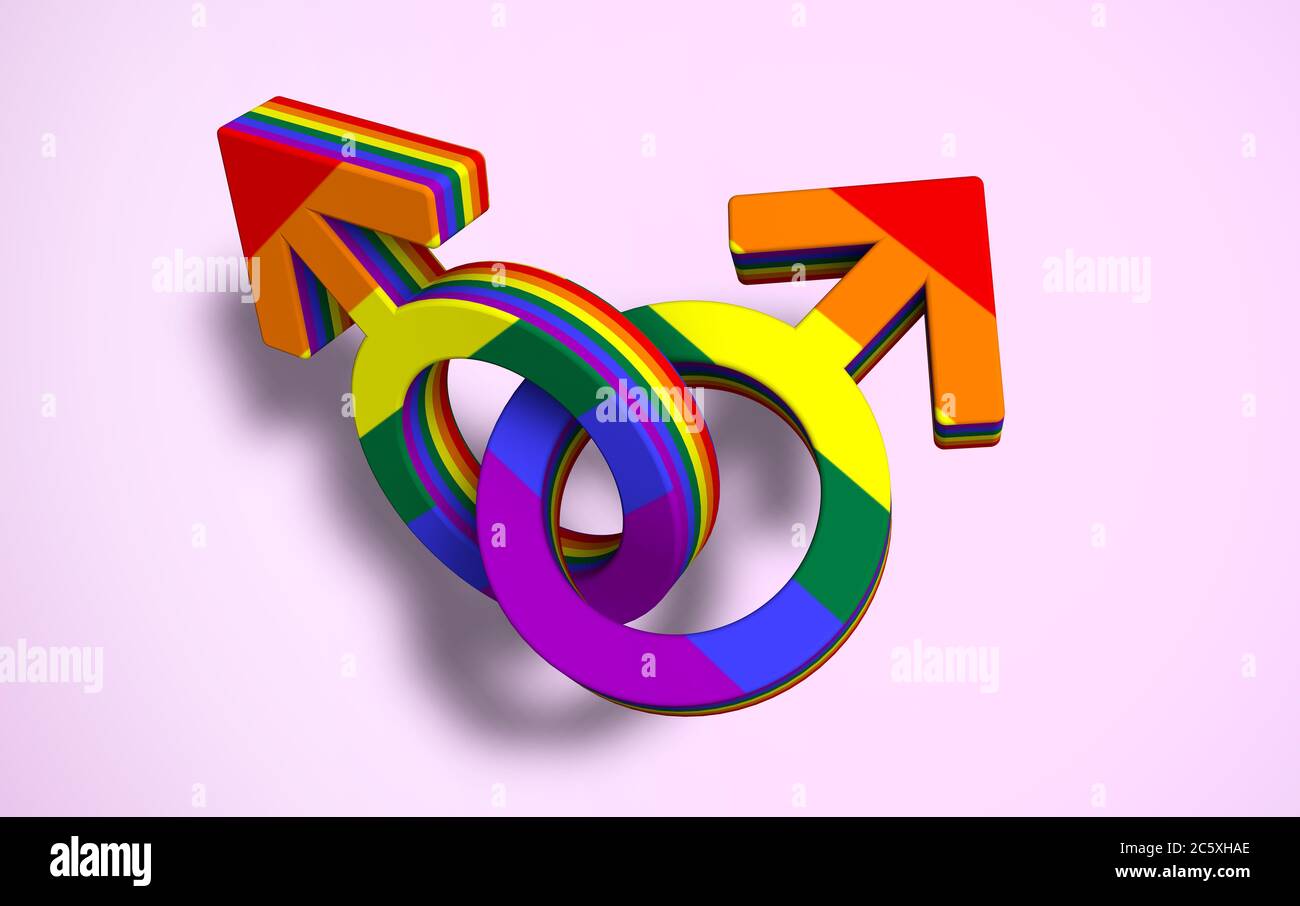 Deux symboles masculins liés de couleur drapeau de fierté gay, jour de la fierté. concept de l'alliance Banque D'Images