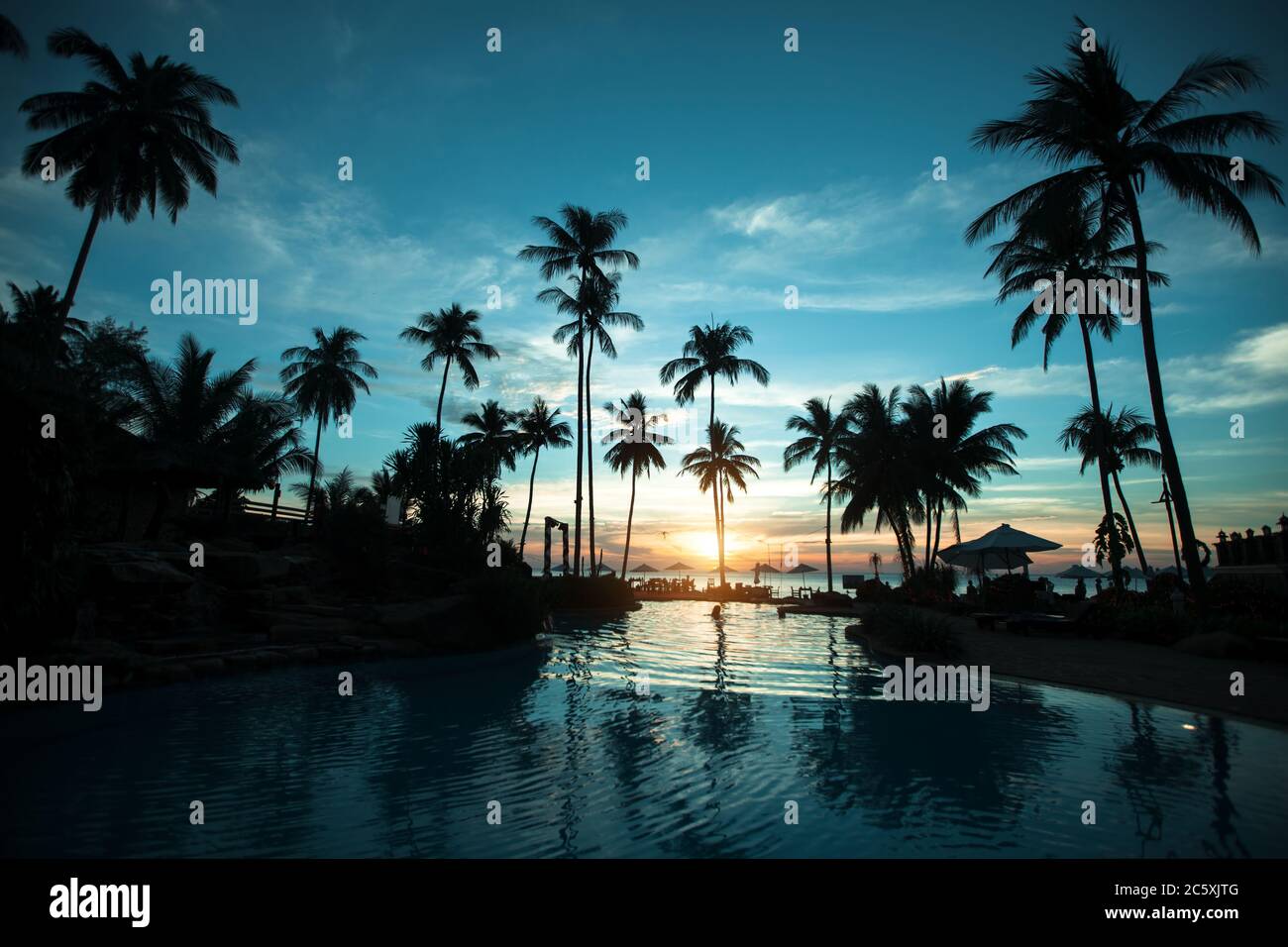 Silhouettes de palmiers sur la plage tropicale au coucher du soleil. Banque D'Images