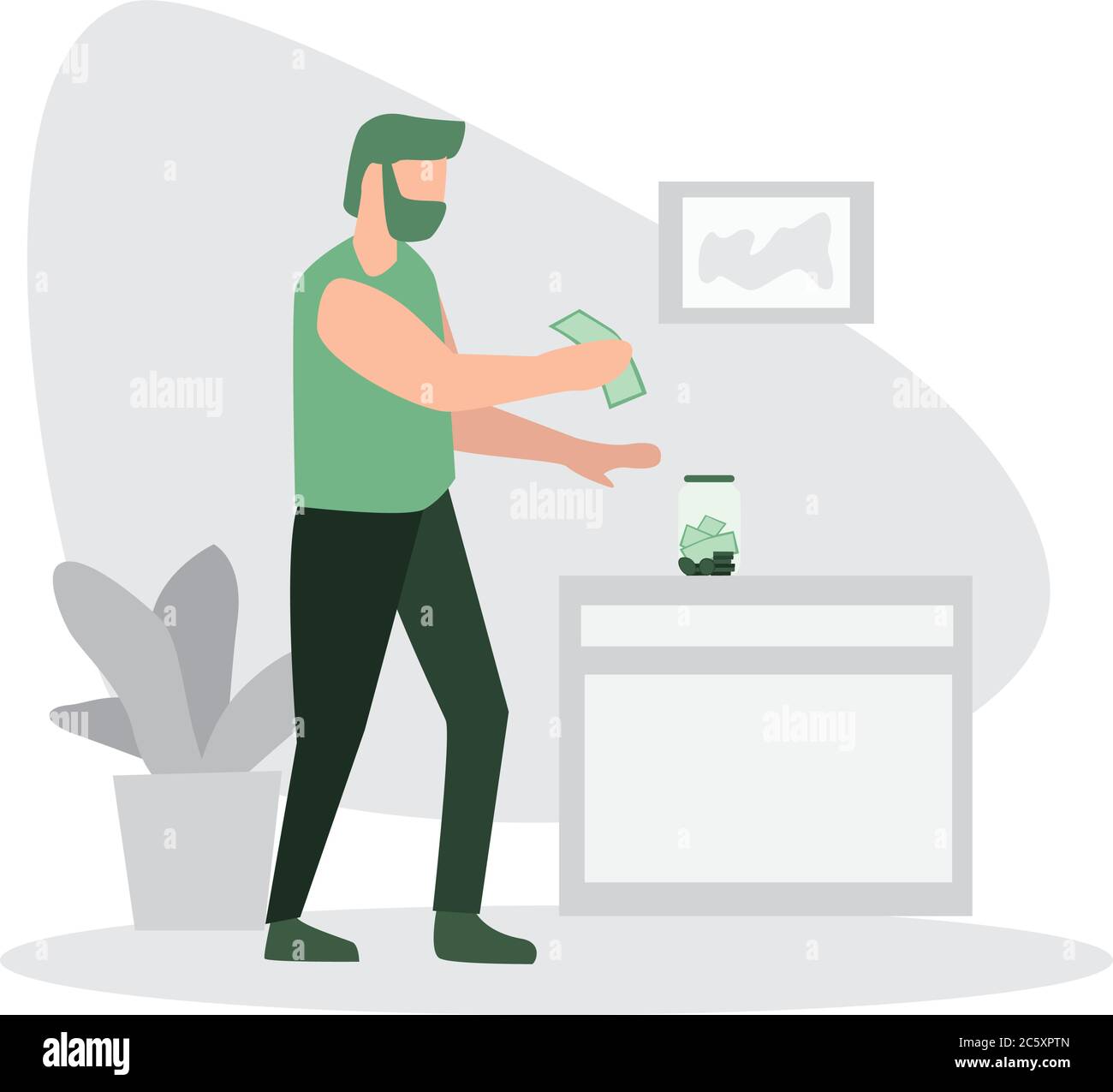 Homme économie d'argent à la maison dans un pot en verre Illustration de Vecteur
