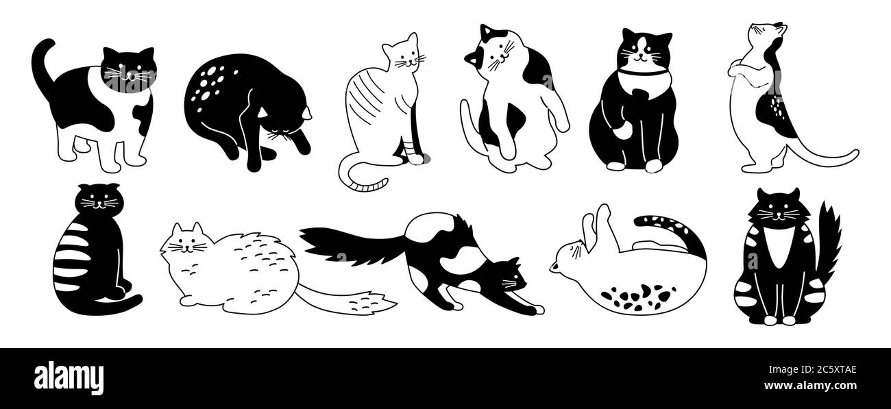 Collection de personnages Cat. Ensemble mignon plat dessin animé animal ensemble. Différentes races de chaton. Chats drôles assis, dormant. Lignes de contour monochromes dessinées à la main. Illustration vectorielle isolée Illustration de Vecteur