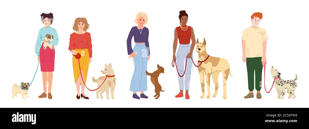 Les gens qui marchent les chiens. Ensemble de dessins animés plates pour animaux de compagnie. Fille ou garçon jouant avec le chien, activités de plein air. PUG, dachshund ou dalmatien. Illustration vectorielle isolée sur fond blanc Illustration de Vecteur