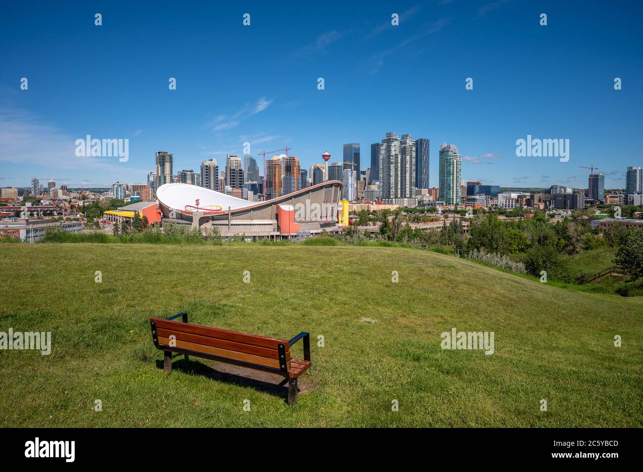 Calgary (Alberta) - le 5 juillet 2020 : Saddledome de la Banque Scotia de Calgary et la ligne d'horizon du centre-ville. Le Saddledome devrait être remplacé dans le futu proche Banque D'Images